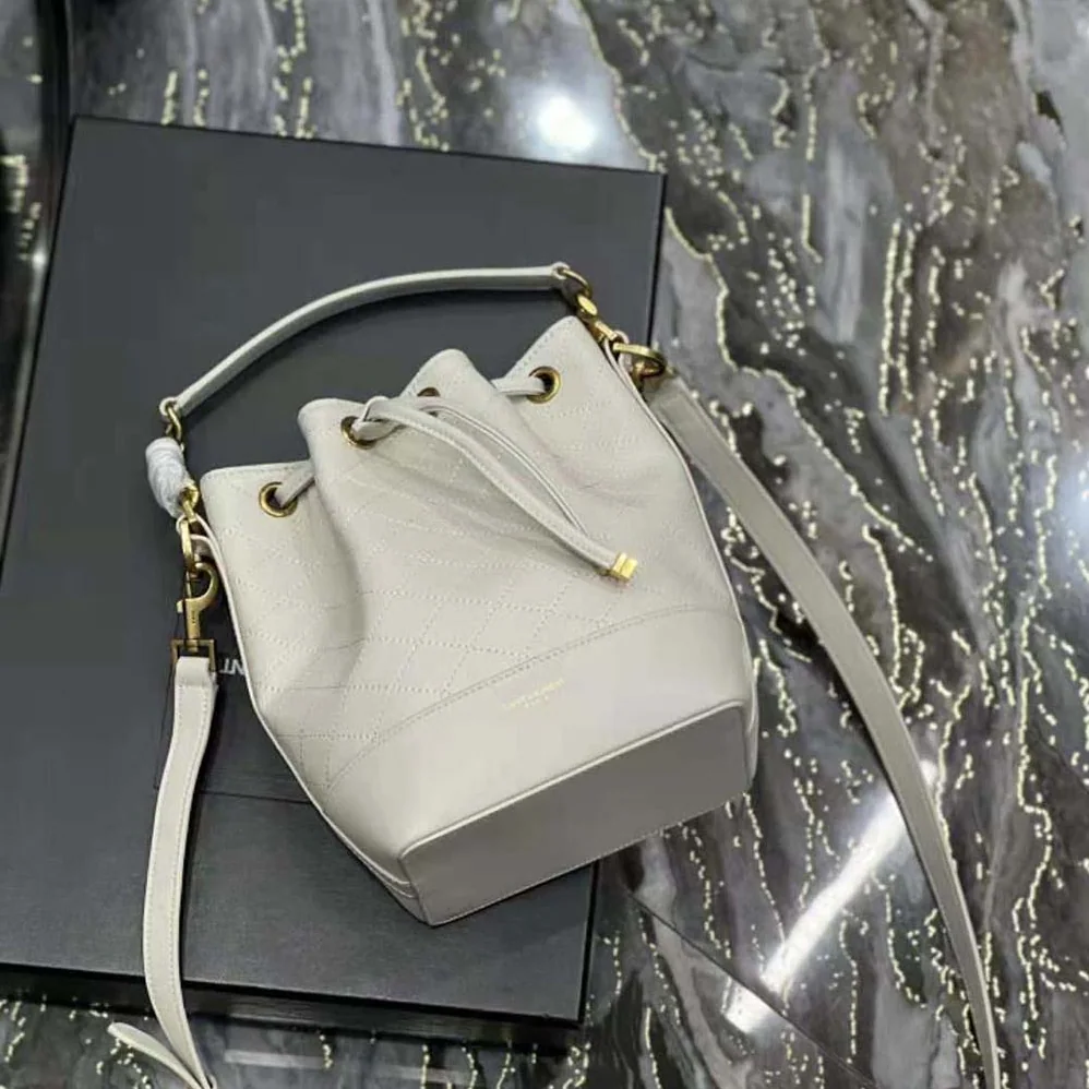 Saint Laurent YSL Emmanuelle Small Bucket Bag in Quilted Lambskin for Women in White Saint Laurent YSL Emmanuelle Small Bucket Bag in Quilted Lambskin for Women in White