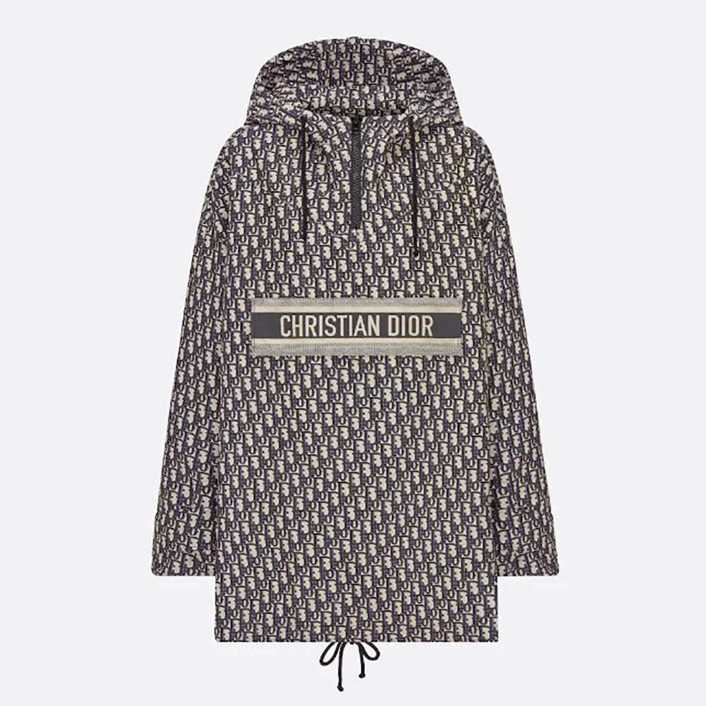 Dior Hooded Anorak Blue and Ecru Technical Taffeta Jacquard with Dior Oblique Motif for Women