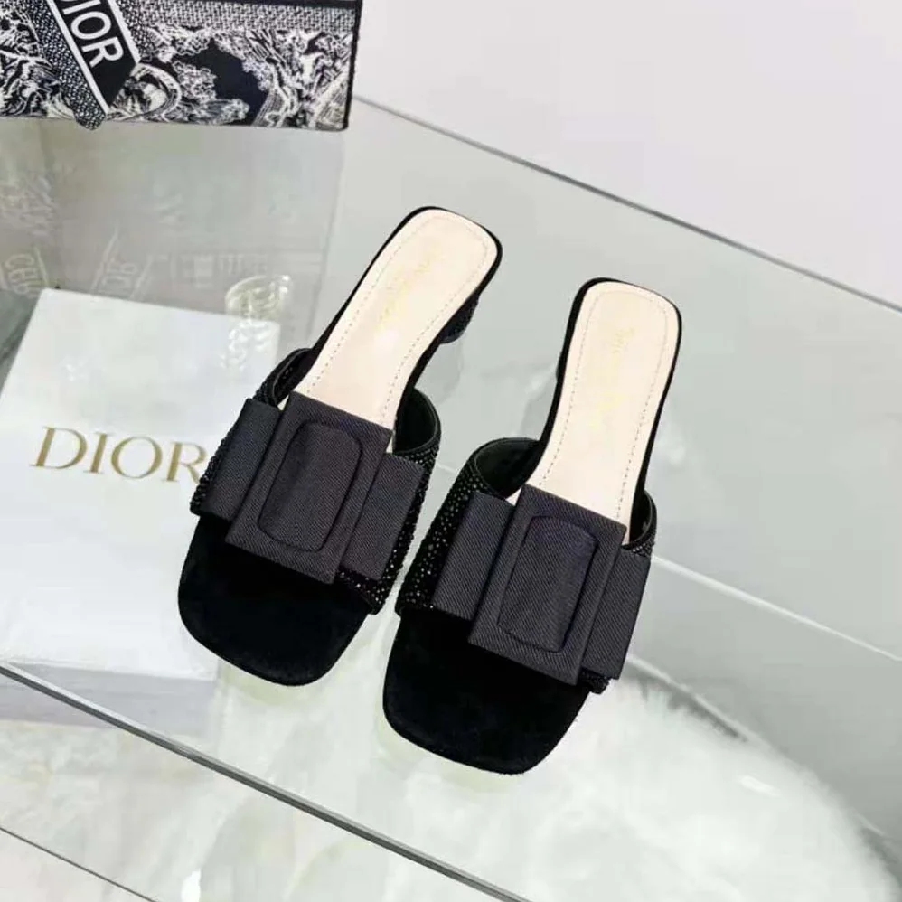 Dior Idylle Heeled Slide Black Suede Covered with Strass and Grosgrain for Women Dior Idylle Heeled Slide Black Suede Covered with Strass and Grosgrain for Women