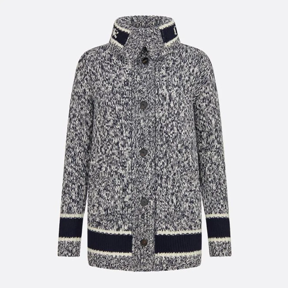 Dior Long Cardigan Navy Blue and White Wool and Cashmere Mouline for Women Dior Long Cardigan Navy Blue and White Wool and Cashmere Mouline for Women