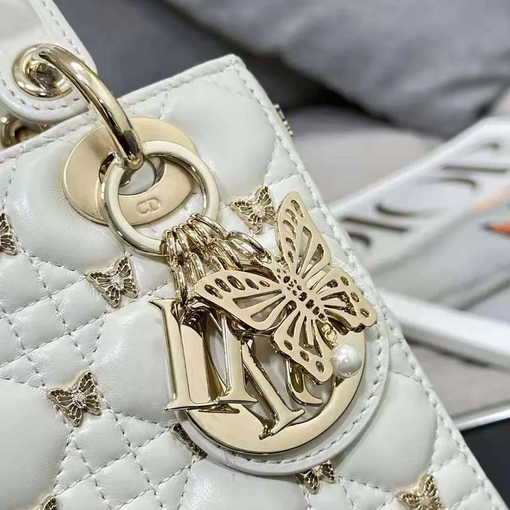 Dior Small Lady Dior Bag White Cannage Lambskin with Gold for Women in Finish Butterfly Studs Dior Small Lady Dior Bag White Cannage Lambskin with Gold for Women in Finish Butterfly Studs