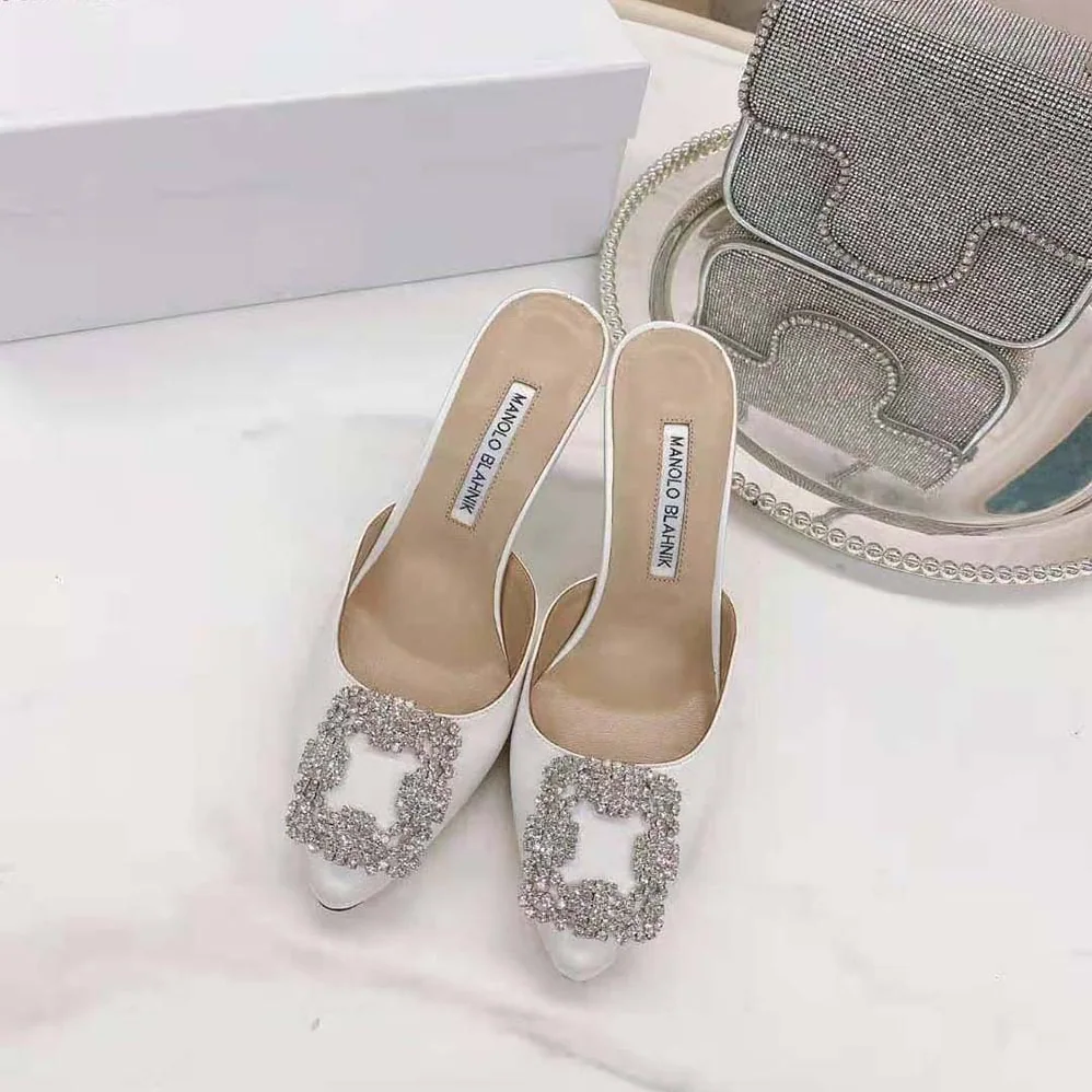 Manolo Blahnik Off-White Satin Jewel Buckle Mules for Women