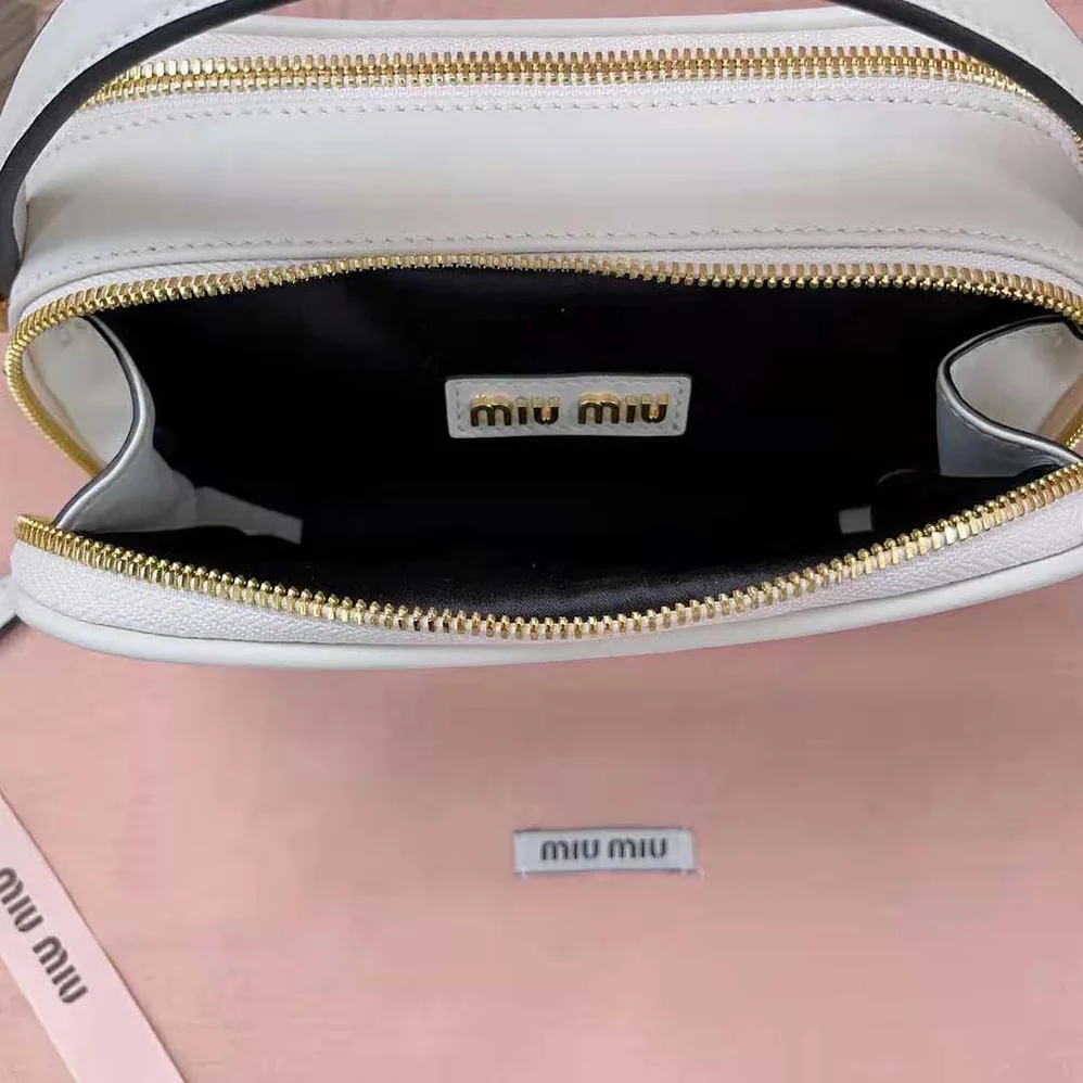 Miu Miu Arcadie Leather Bag with Metal Lettering Logo for Women in White Miu Miu Arcadie Leather Bag with Metal Lettering Logo for Women in White