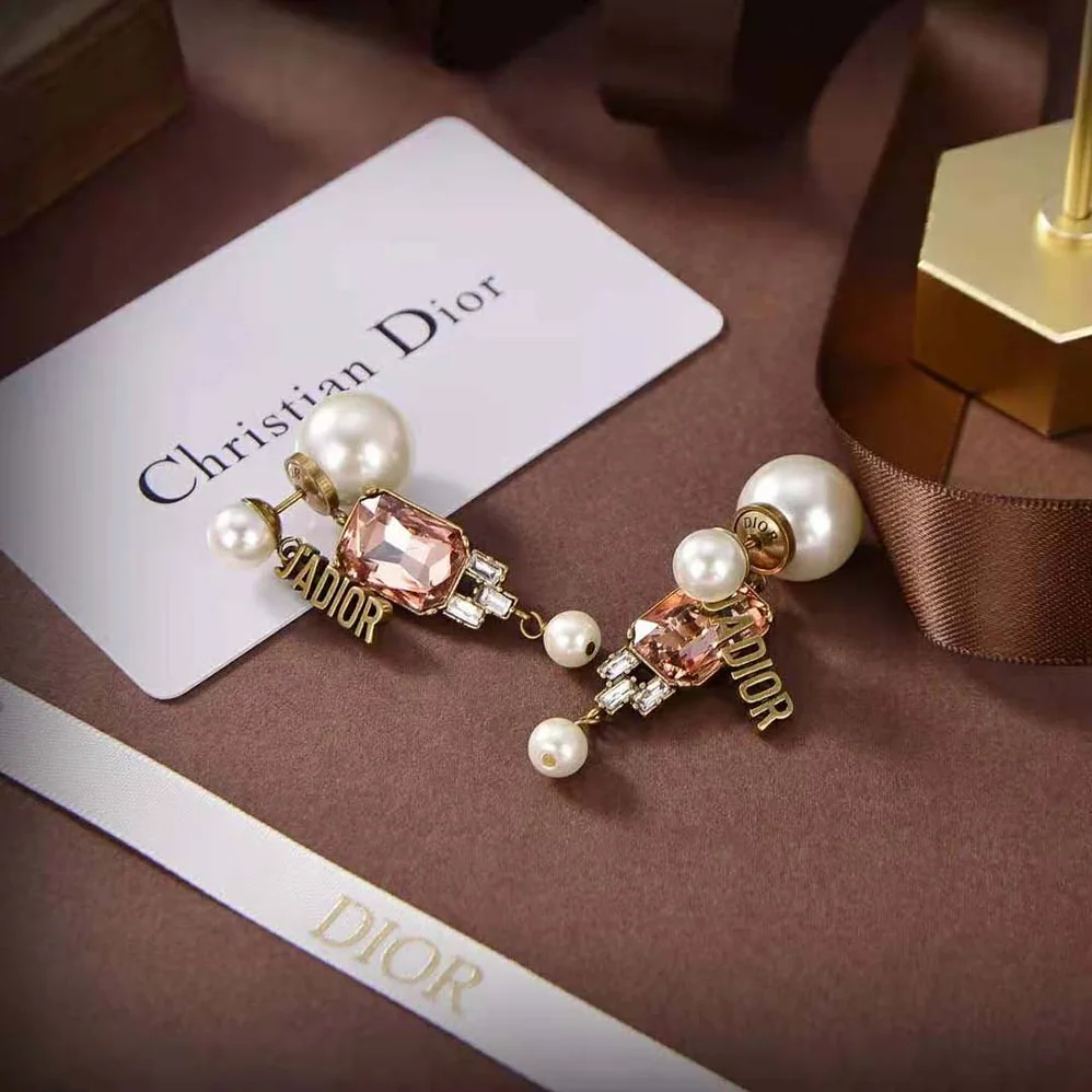 Dior Tribales Earrings Antique Gold-Finish Metal and White Resin Pearls with Multicolor Crystals for Women Dior Tribales Earrings Antique Gold-Finish Metal and White Resin Pearls with Multicolor Crystals for Women