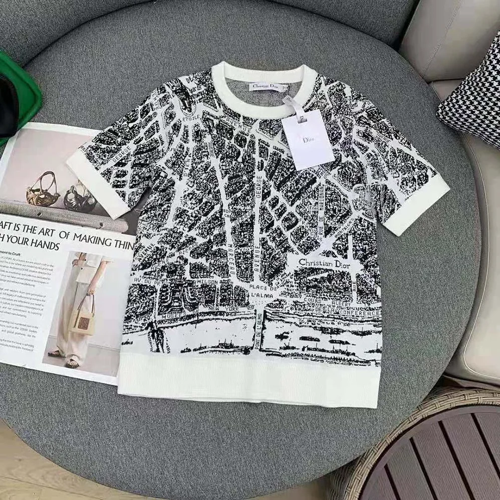 Dior T-shirt White and Black Linen, Cashmere and Silk Knit with Plan de Paris Motif for Women