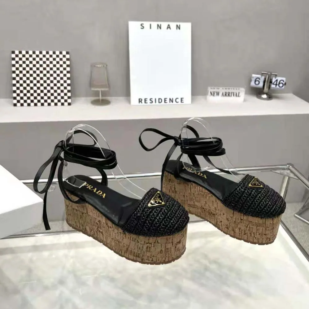 Prada Crochet Wedge Sandals with Enameled Metal Triangle Logo for Women in Black