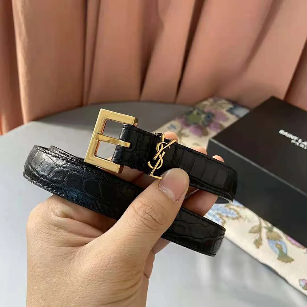 Saint Laurent YSL Monogram Narrow Belt with Square Buckle in Crocodile Embossed Leather for Women