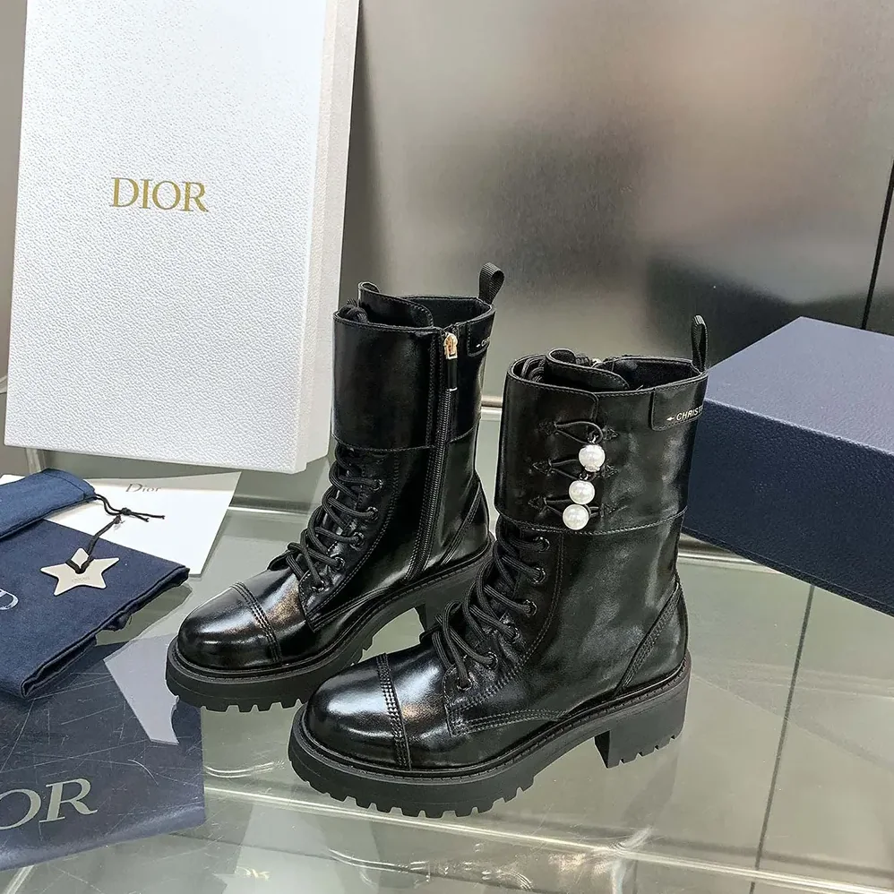 Dior D-Strike Ankle Boot Black Matte Calfskin and White Resin Pearls for Women Dior D-Strike Ankle Boot Black Matte Calfskin and White Resin Pearls for Women