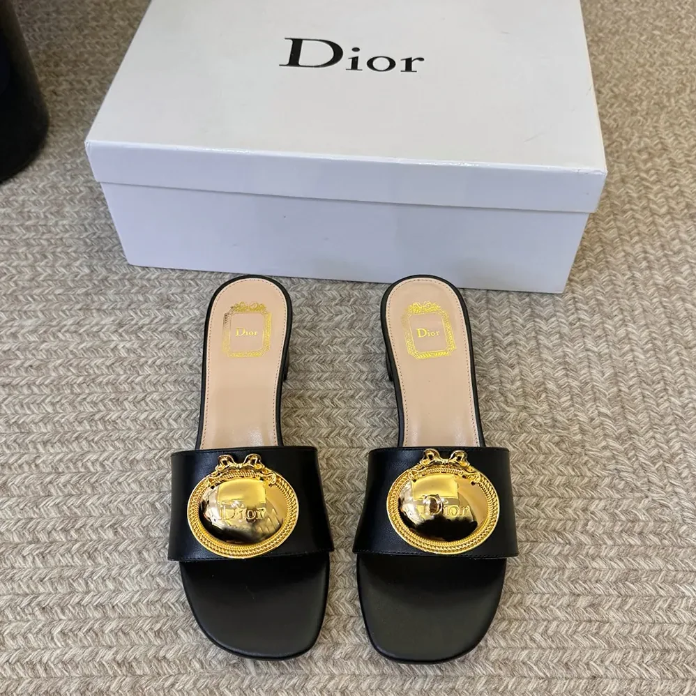 Dior Médaillon Buckle Heeled Slide Black Lambskin for Women Dior Médaillon Buckle Heeled Slide Black Lambskin for Women