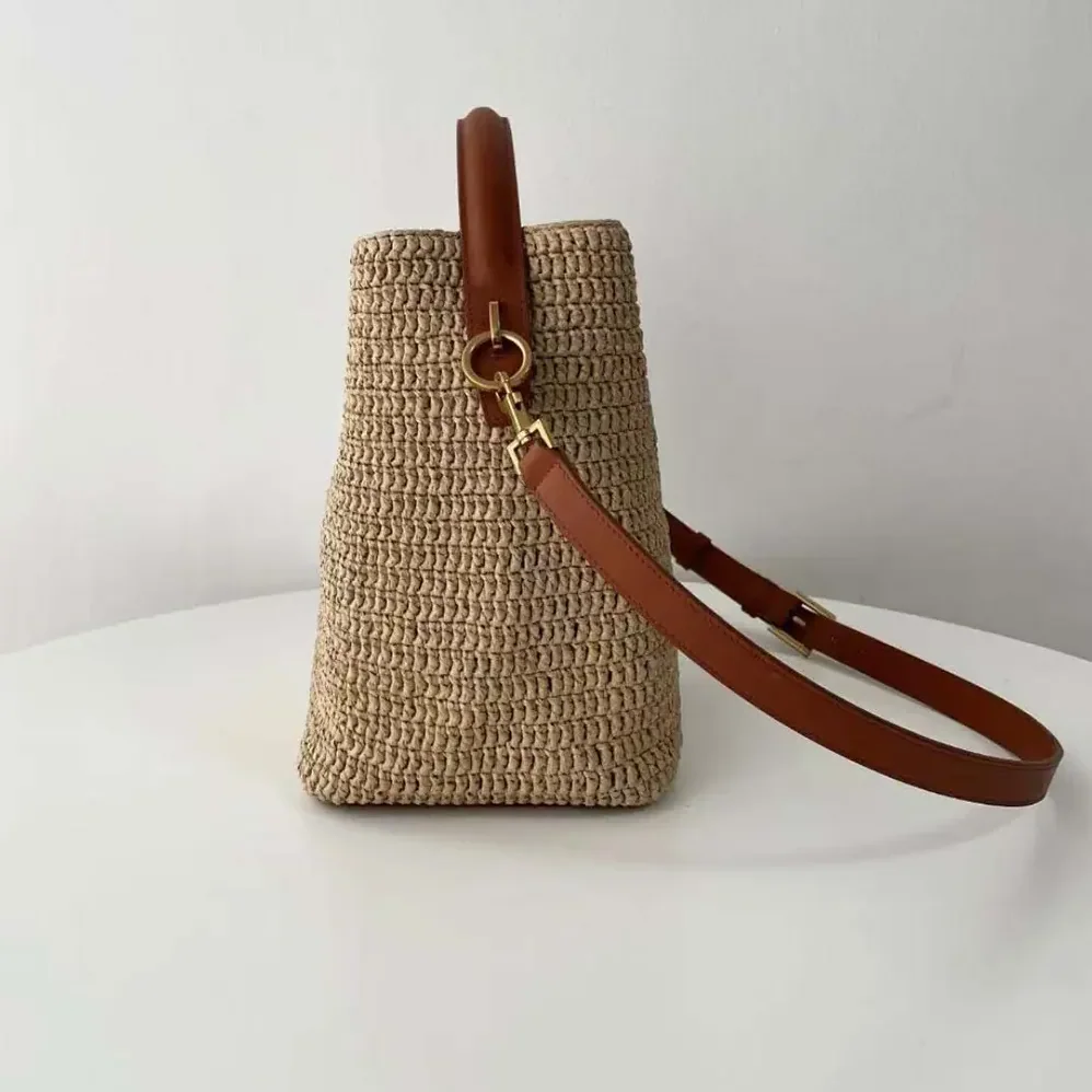 Saint Laurent YSL Le 37 Leather for Women in trimmed Raffia Bucket Bag Saint Laurent YSL Le 37 Leather for Women in trimmed Raffia Bucket Bag
