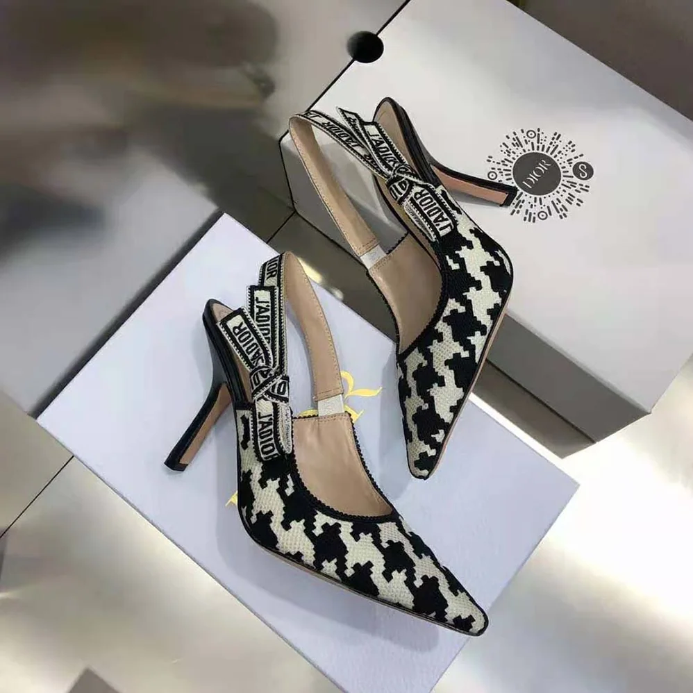 Dior J'Adior Slingback Pump Black and White Cotton Embroidery with Macro Houndstooth Motif for Women Dior J'Adior Slingback Pump Black and White Cotton Embroidery with Macro Houndstooth Motif for Women