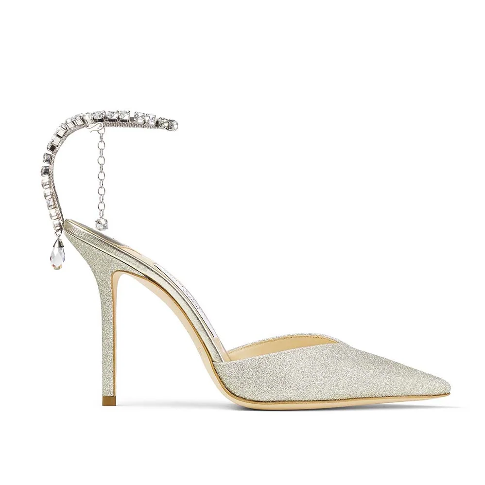 Jimmy Choo Saeda 100 Platinum Ice Dusty Glitter Pumps with Crystal Embellishment for Women Jimmy Choo Saeda 100 Platinum Ice Dusty Glitter Pumps with Crystal Embellishment for Women