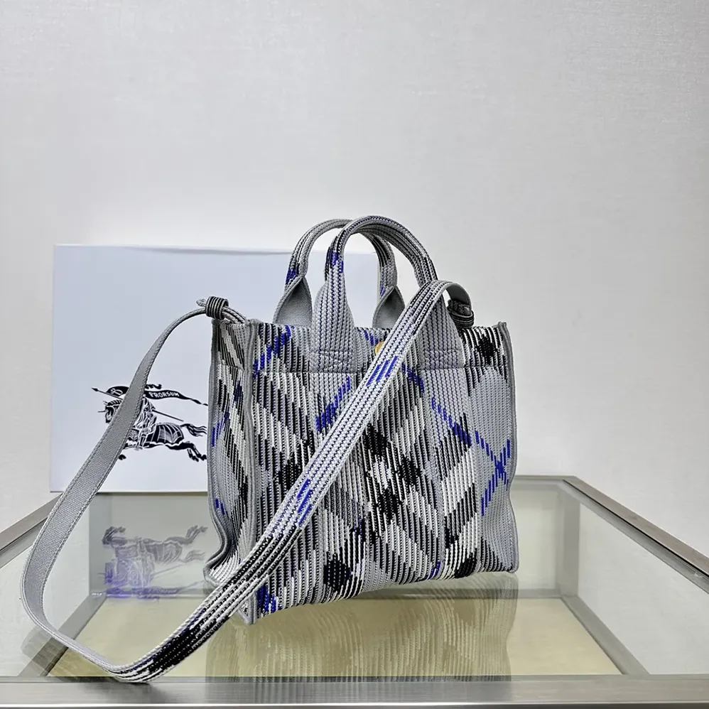 Burberry Mini Check Knitted Tote for Women in Grey Burberry Mini Check Knitted Tote for Women in Grey