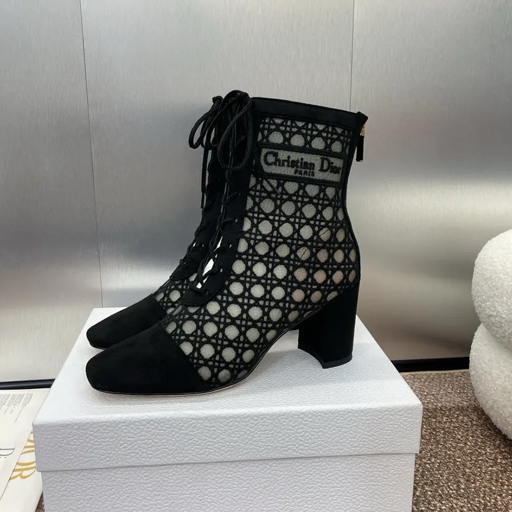 Dior Naughtily-D Heeled Ankle Boot Transparent Mesh Embroidered with Black for Women