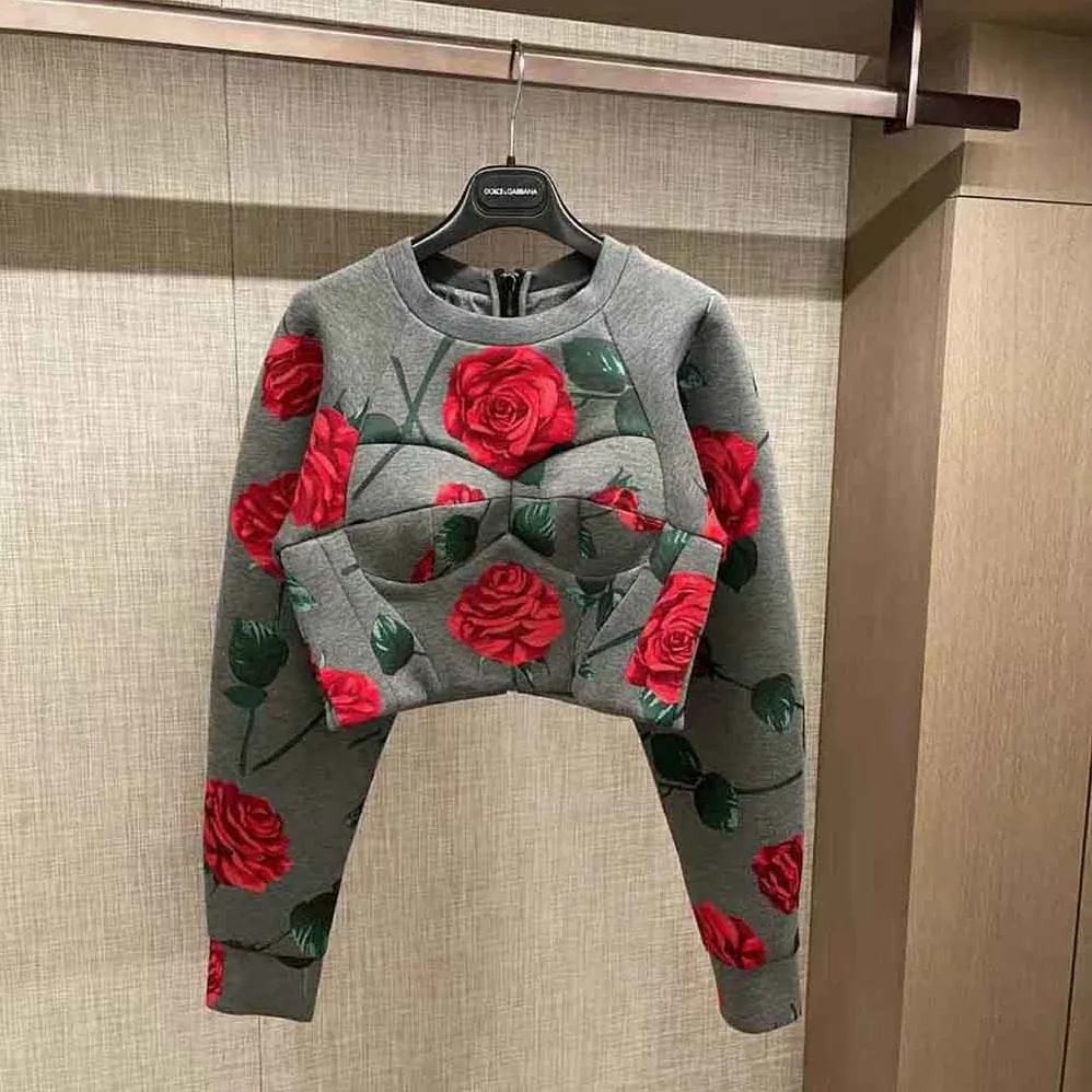 Dolce Gabbana D&G Technical Jersey Sweatshirt with Flocked Rose Print and Bustier Details for Women