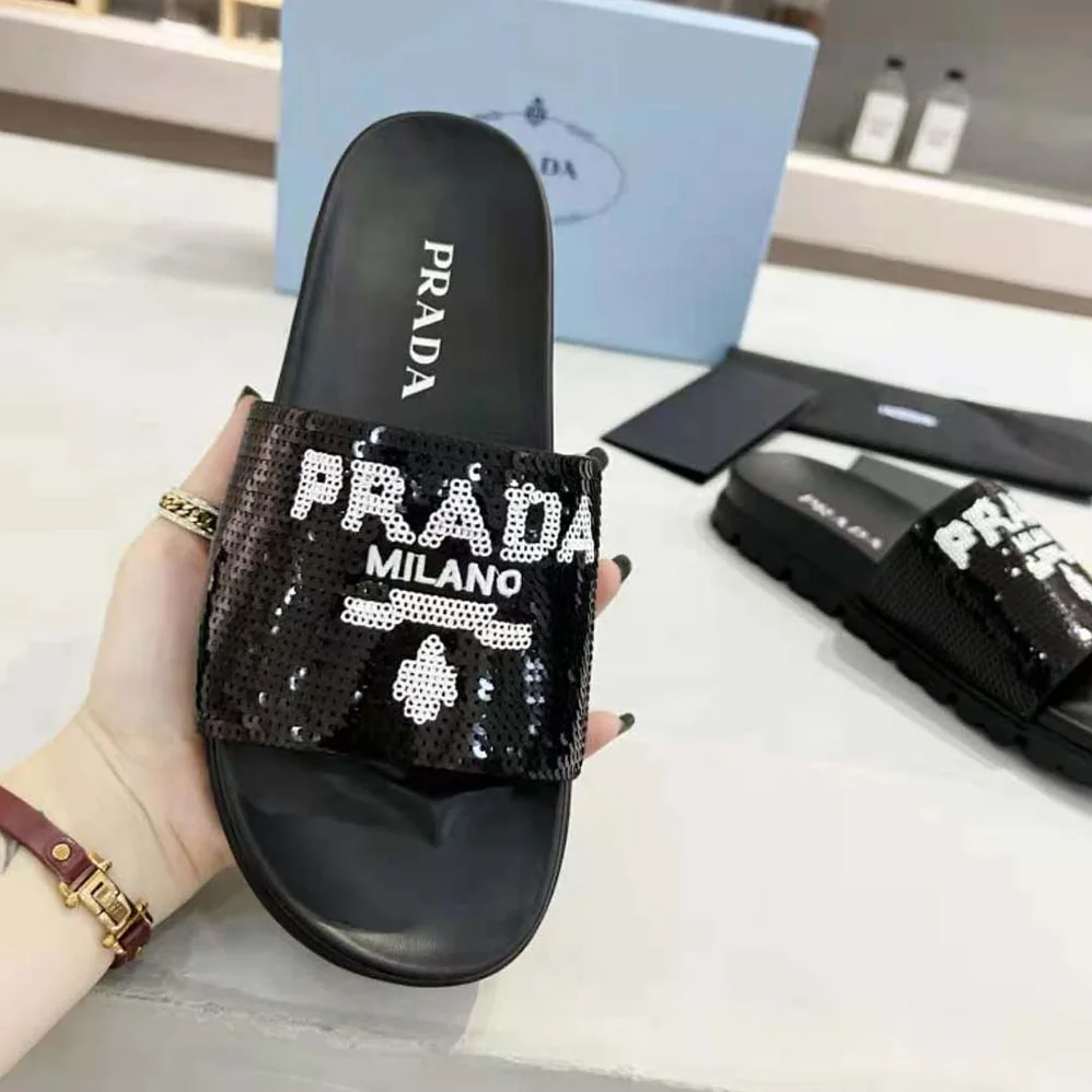 Prada Sequin Slides with Rubber Lug Sole are Covered All Over with Embroidered Sequins for Women Prada Sequin Slides with Rubber Lug Sole are Covered All Over with Embroidered Sequins for Women