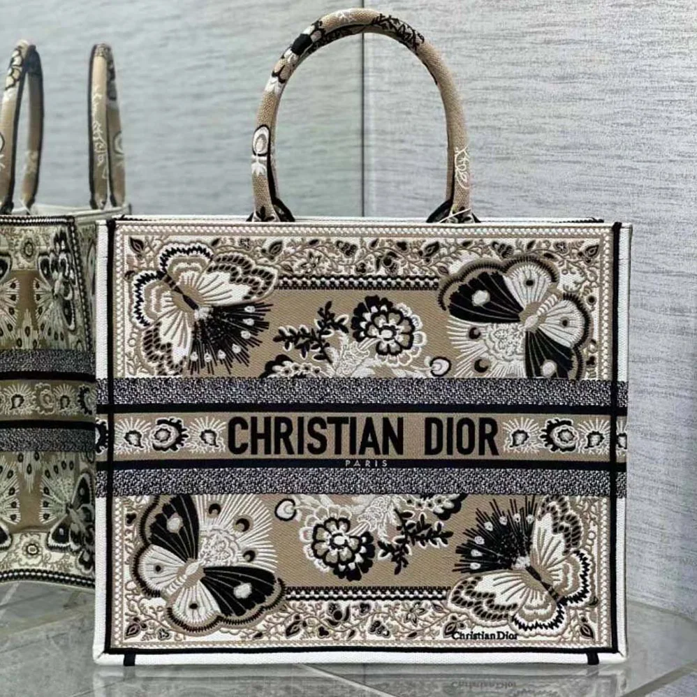 Dior Large Dior Book Tote Beige Multicolor Butterfly Bandana Embroidery for Women
