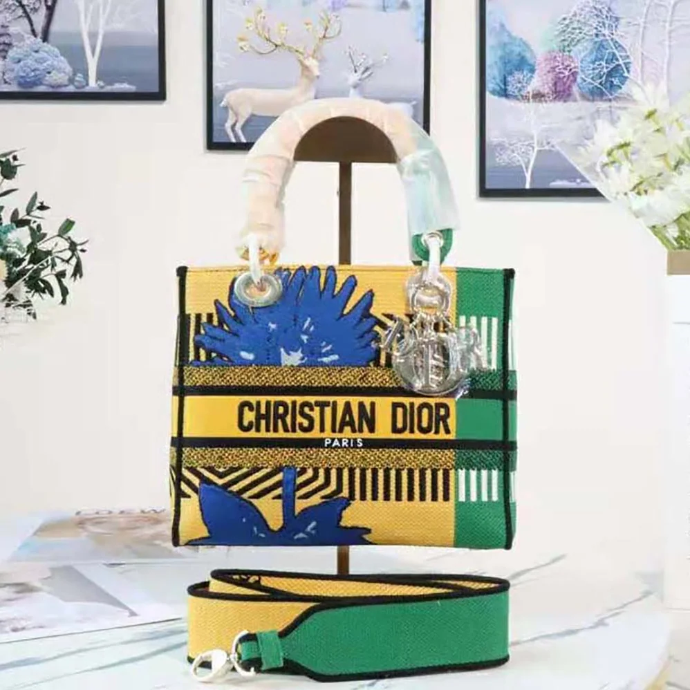 Dior Medium Lady D-lite Bag Bright Yellow and Green D for Women in Flower Pop Embroidery Dior Medium Lady D-lite Bag Bright Yellow and Green D for Women in Flower Pop Embroidery