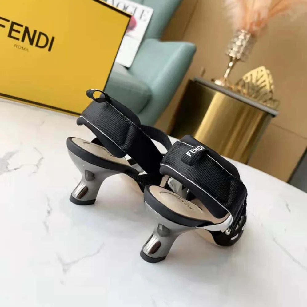Fendi Colibri Black Mesh Medium-Heel Slingbacks with Metal Stitches for Women