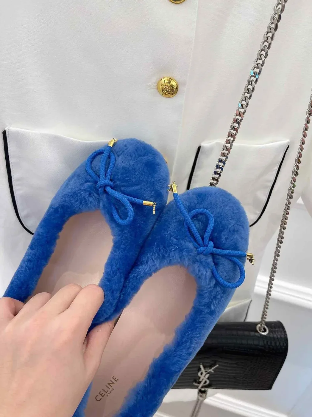 Celine Les Ballerines Celine Ballerina With Triomphe Laces And Fur Blue Celine Les Ballerines Celine Ballerina With Triomphe Laces And Fur Blue
