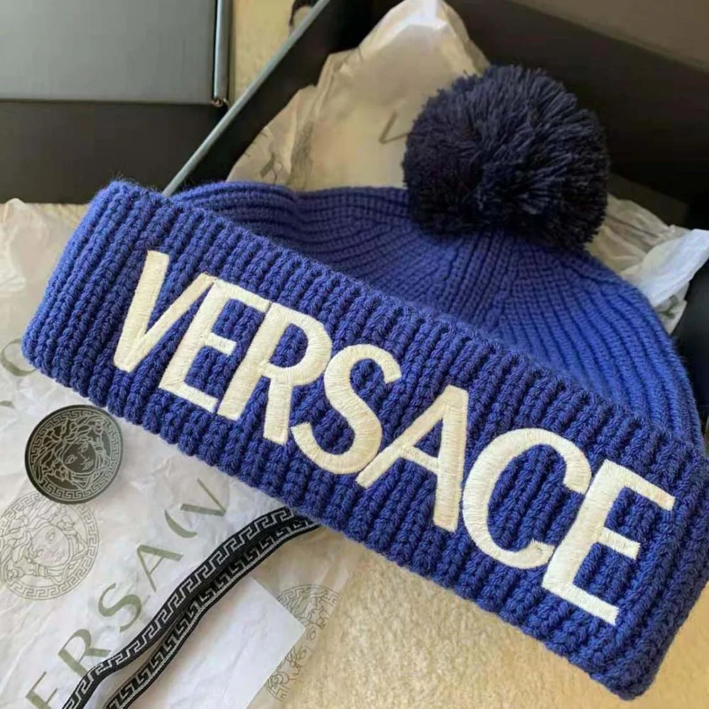 Versace Logo Wool Cap Crafted From Plush for Women