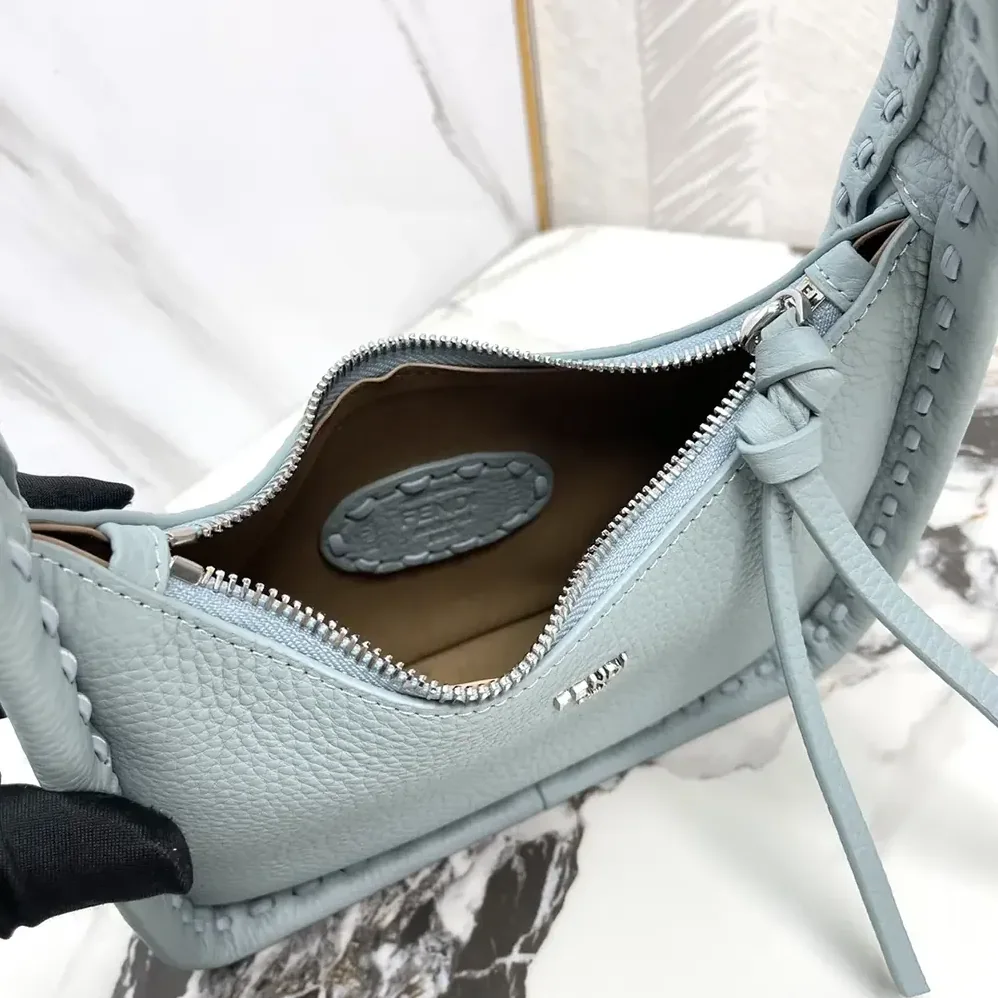 Fendi Mini Fendessence Small Light Blue Selleria Bag with 264 Hand for Women in sewn Topstitches