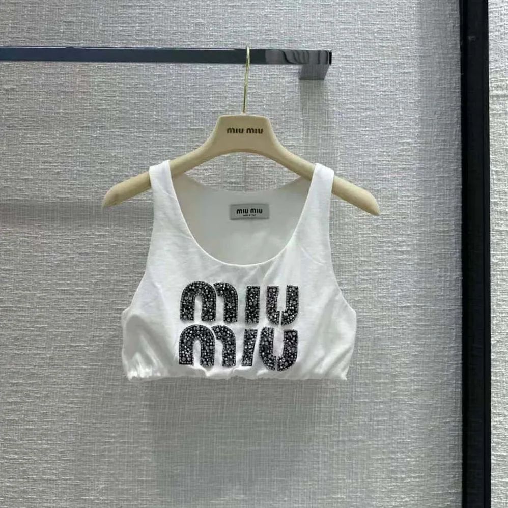 Miu Miu Embroidered Jersey Top with Embroidered Logo for Women Miu Miu Embroidered Jersey Top with Embroidered Logo for Women