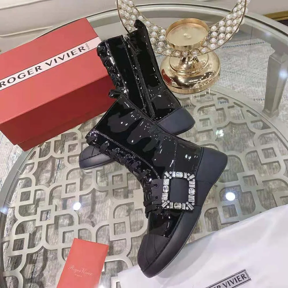 Roger Vivier Viv Skate Lace Up Strass Buckle Booties in Leather for Women in Black Roger Vivier Viv Skate Lace Up Strass Buckle Booties in Leather for Women in Black