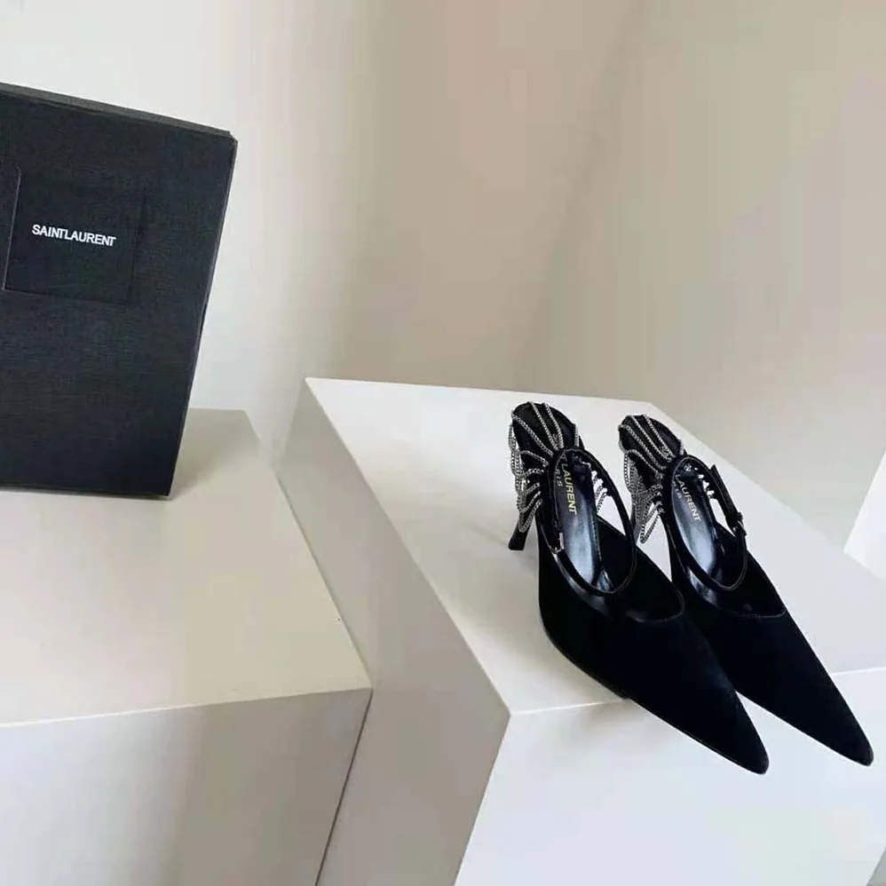 Saint Laurent YSL Sling Chain Pumps in Suede for Women in Black