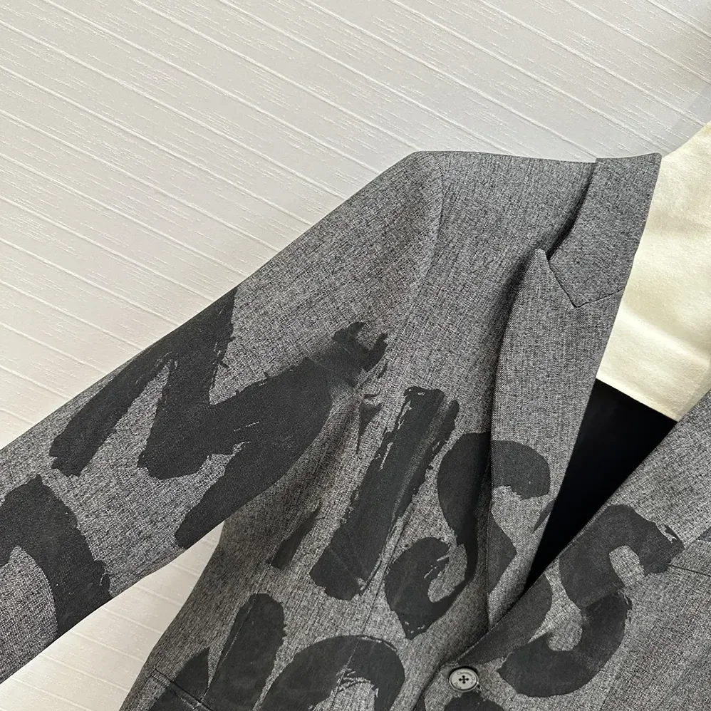 Dior Blazer Gray End-on-End Virgin Wool with Black Miss Dior Graffiti Motif for Women