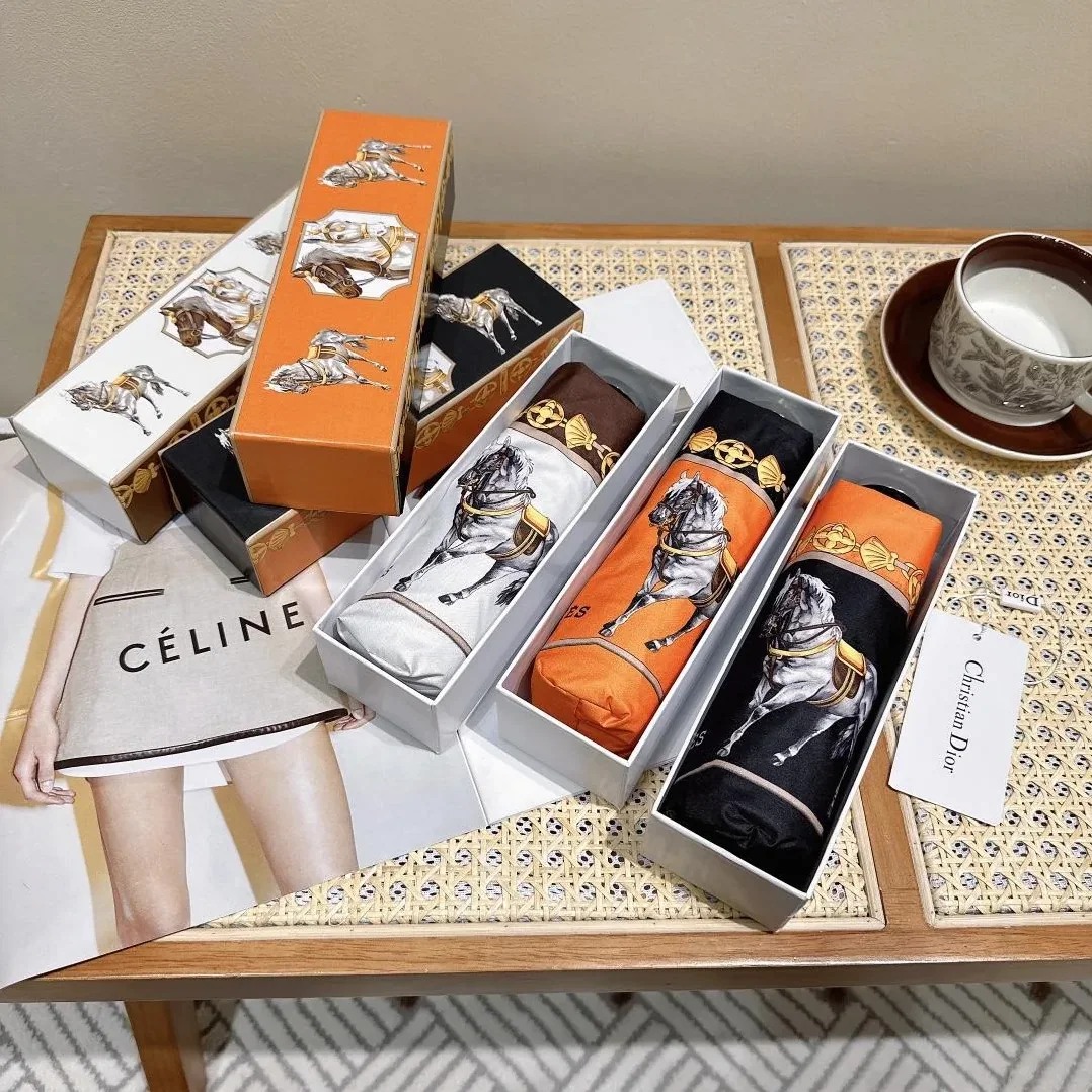 Hermes Long Umbrella With Horse Motif Orange