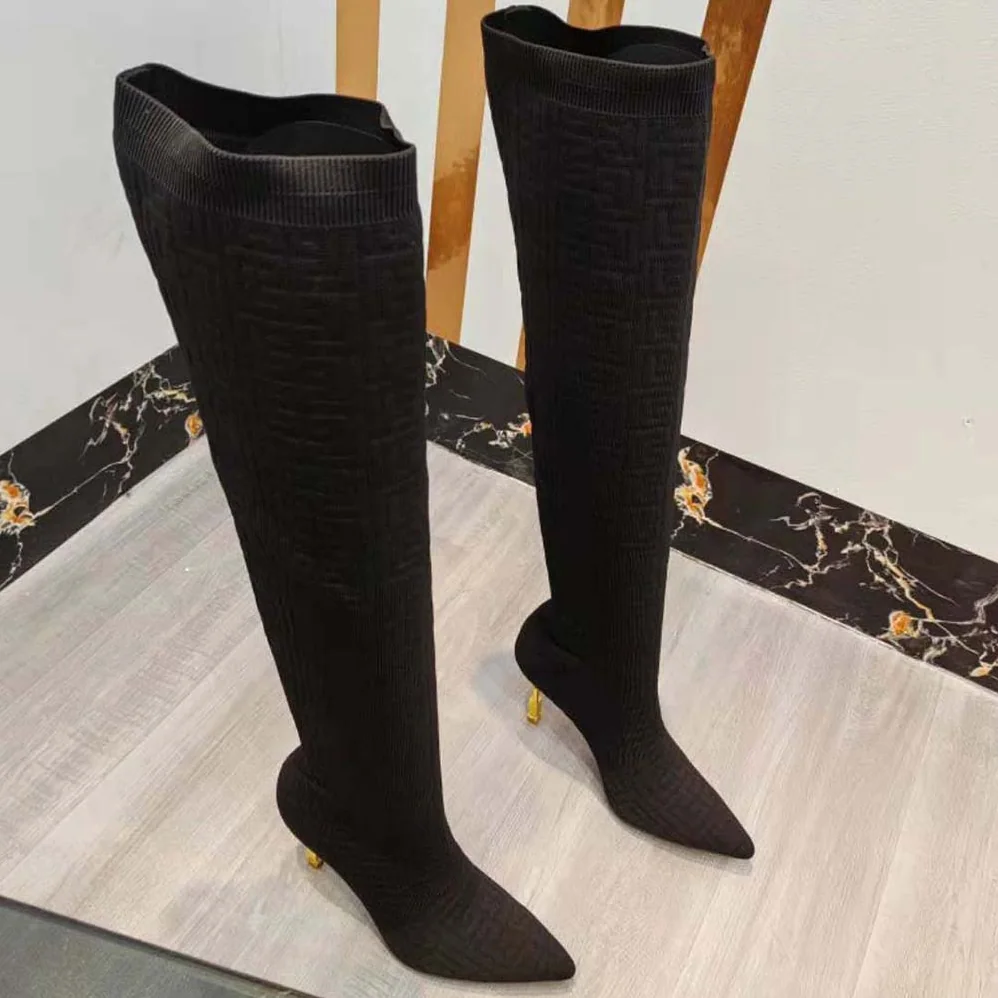 Balmain Moneta Mesh Thigh Boots with Monogram for Women in Black Balmain Moneta Mesh Thigh Boots with Monogram for Women in Black