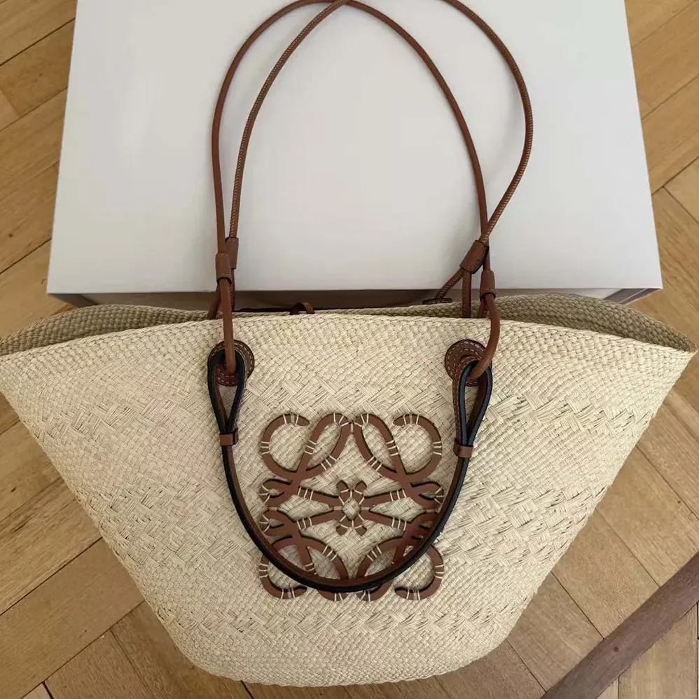 Loewe Large Anagram Basket Bag in Iraca Palm and Calfskin for Women