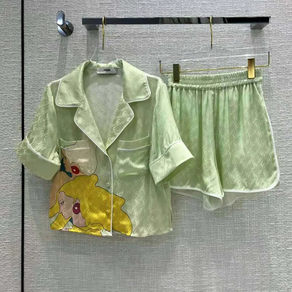 Fendi Pajama Set Multicolor Silk Pajama Set for Women in Lime