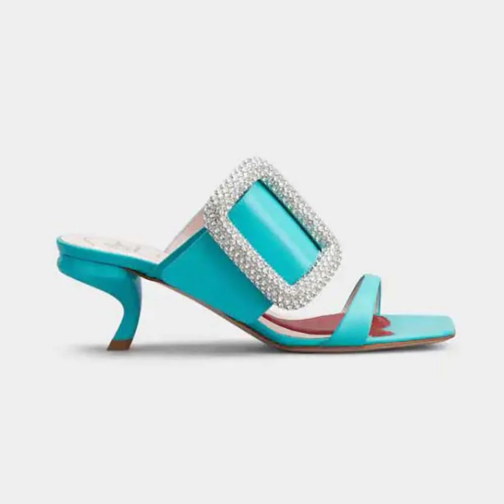 Roger Vivier Viv Choc Side Strass Buckle Mules in Leather for Women in Lime Roger Vivier Viv Choc Side Strass Buckle Mules in Leather for Women in Lime