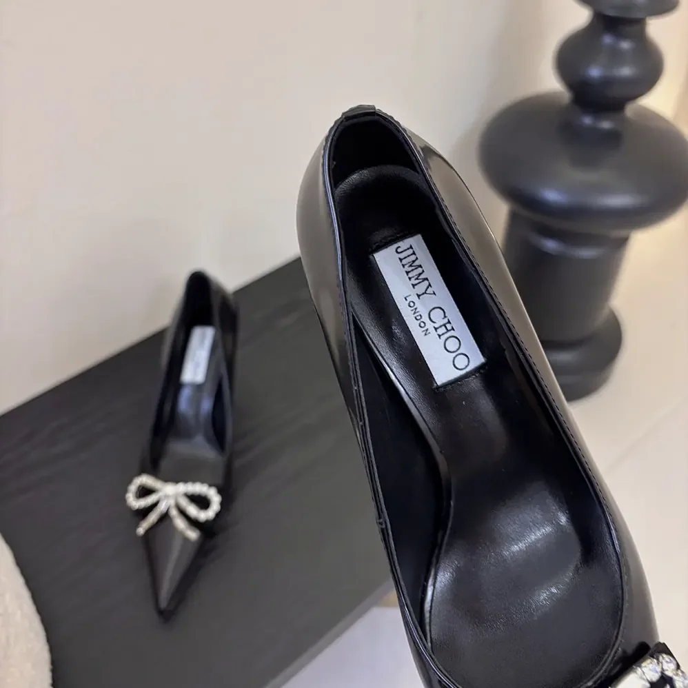 Jimmy Choo Auria 70mm Black Soft Spazzolato Pumps with Velvet and Crystal Bow for Women