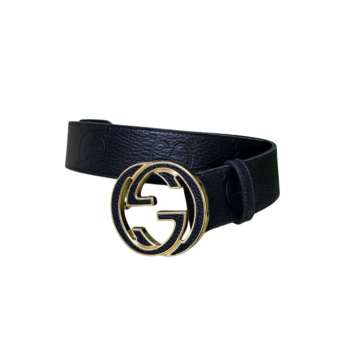 Gucci GG Marmont Circle Buckle Belt Black Leather With Gold Trim