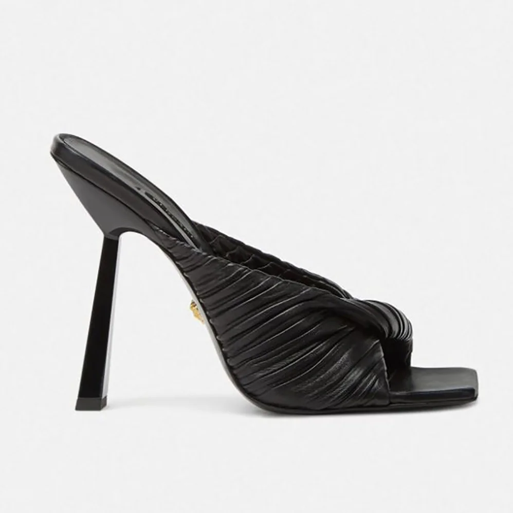 Versace Plisse Nappa Leather Mules in 11cm Heel for Women in Black Versace Plisse Nappa Leather Mules in 11cm Heel for Women in Black