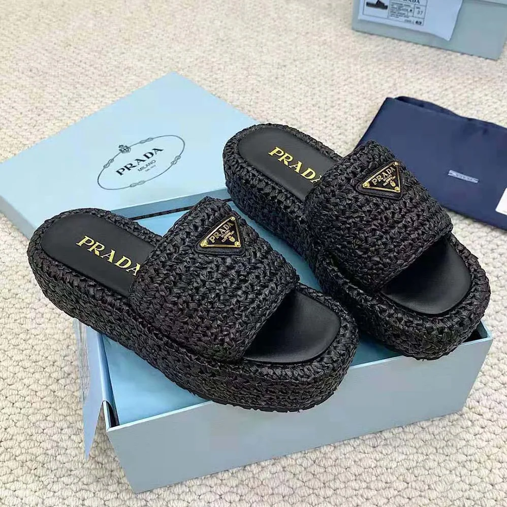 Prada Crochet Flatform Slides with Enameled Metal Triangle Logo for Women in Black Prada Crochet Flatform Slides with Enameled Metal Triangle Logo for Women in Black