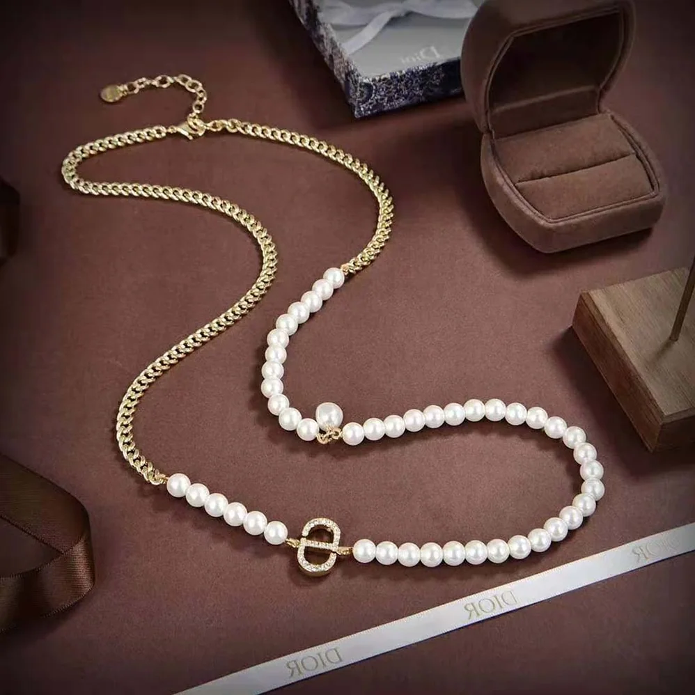 Dior 30 Montaigne Long Necklace Gold-Finish Metal and Silver for Women in Tone Crystals