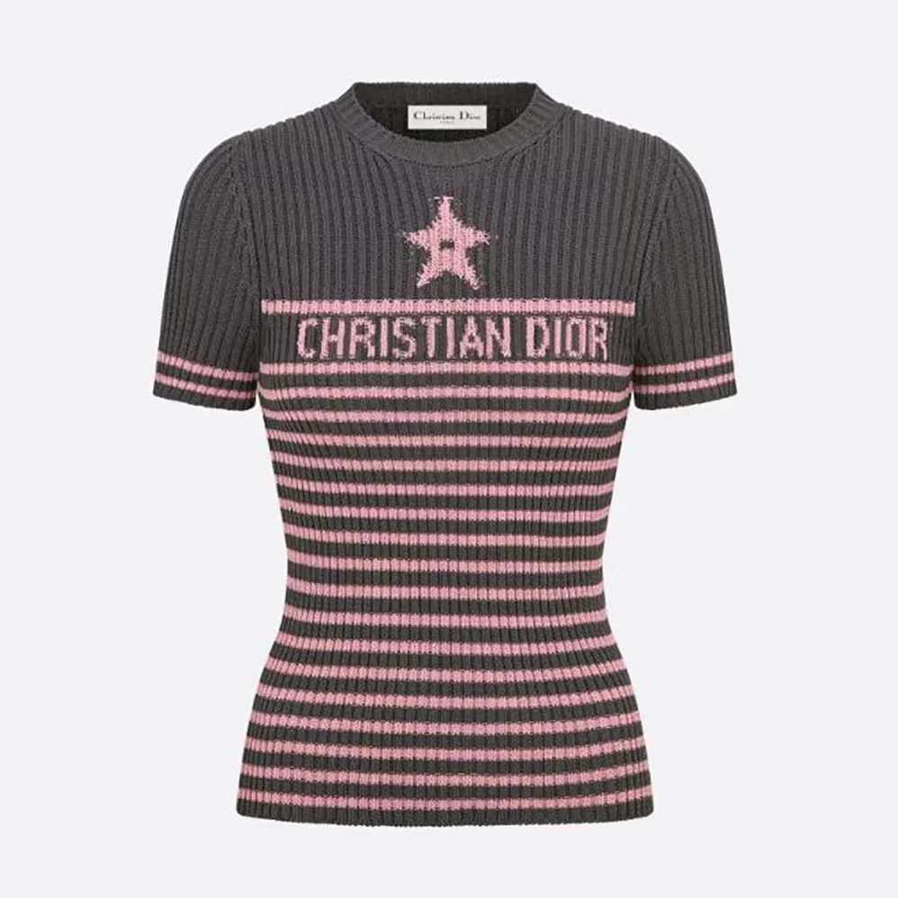 Dior Dioriviera Short-sleeved Sweater Gray and Pink Cotton Knit with Signature for Women Dior Dioriviera Short-sleeved Sweater Gray and Pink Cotton Knit with Signature for Women