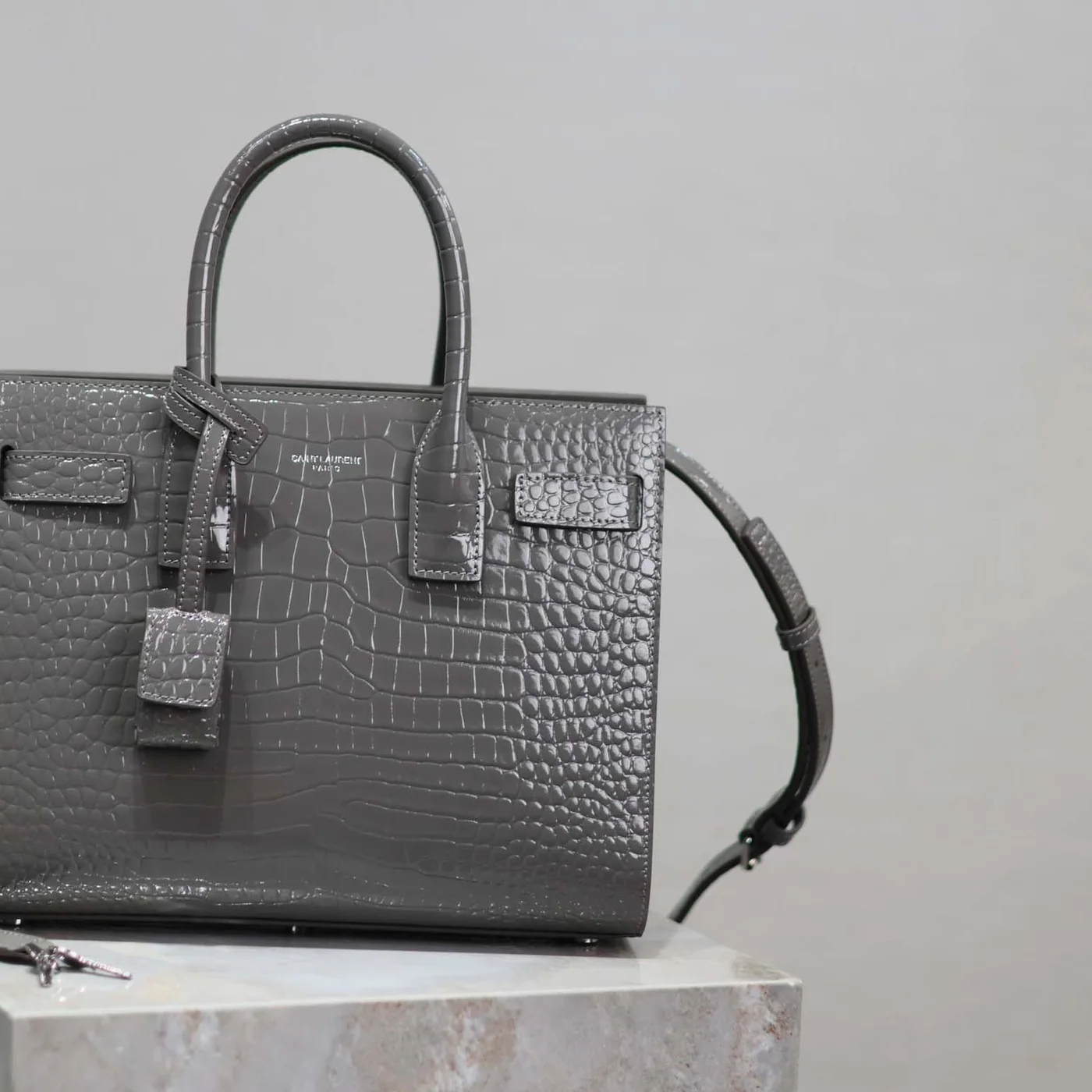 Saint Laurent YSL Sac De Jour in Embossed Crocodile Leather Baby for Women in Silver