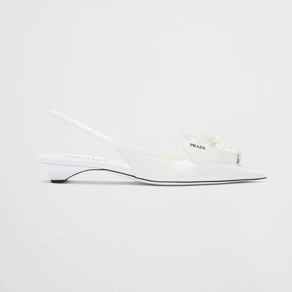 Prada Brushed Leather Slingback Pumps with Floral Appliques for Women in White Prada Brushed Leather Slingback Pumps with Floral Appliques for Women in White