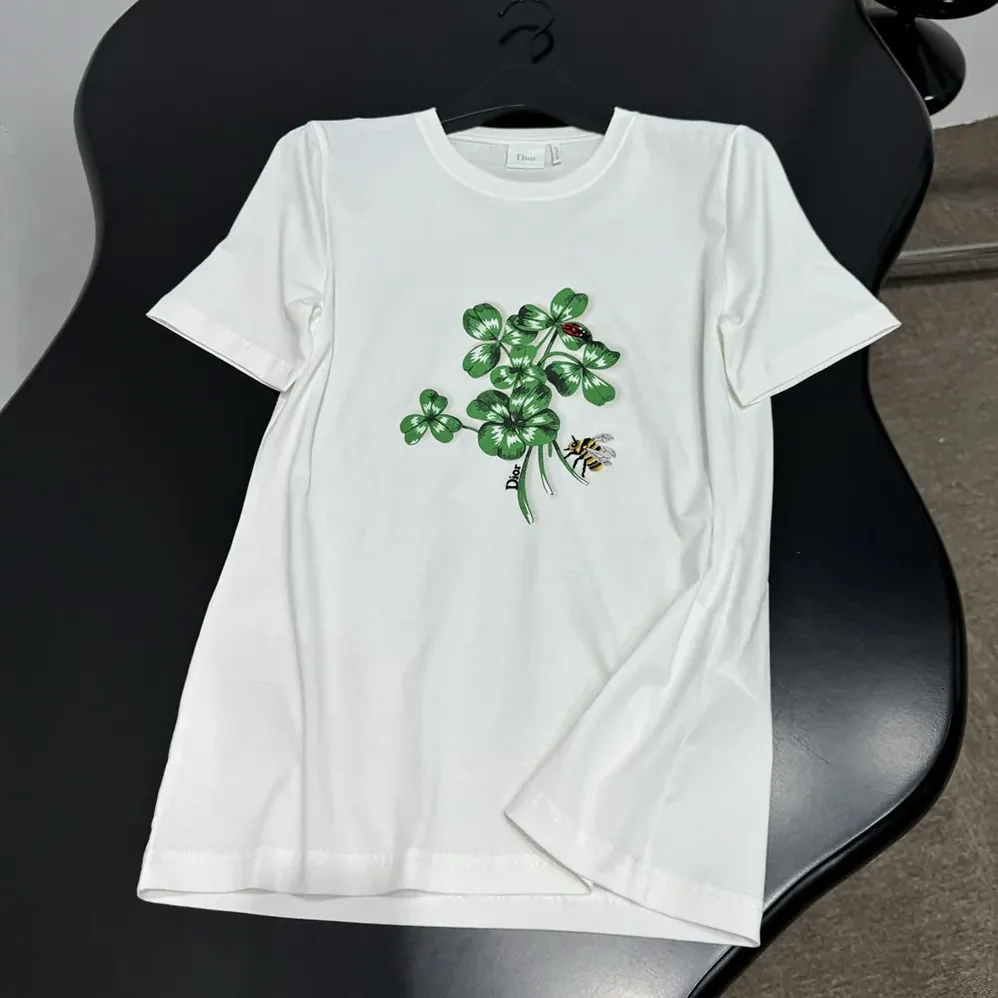 Dior Fitted T-Shirt White Cotton Jersey with Green Dior Clover Motif for Women