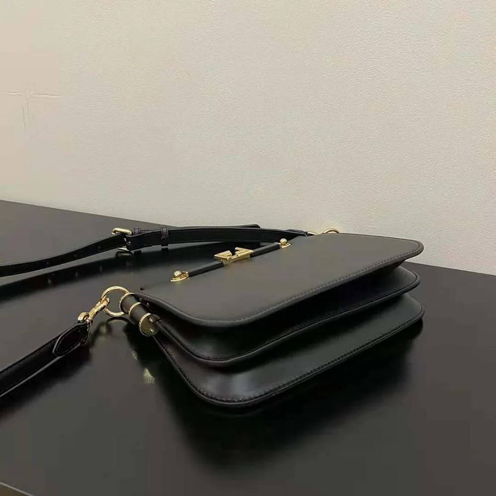 Fendi Touch Leather Bag with A Metal FF Clasp for Women in Black Fendi Touch Leather Bag with A Metal FF Clasp for Women in Black