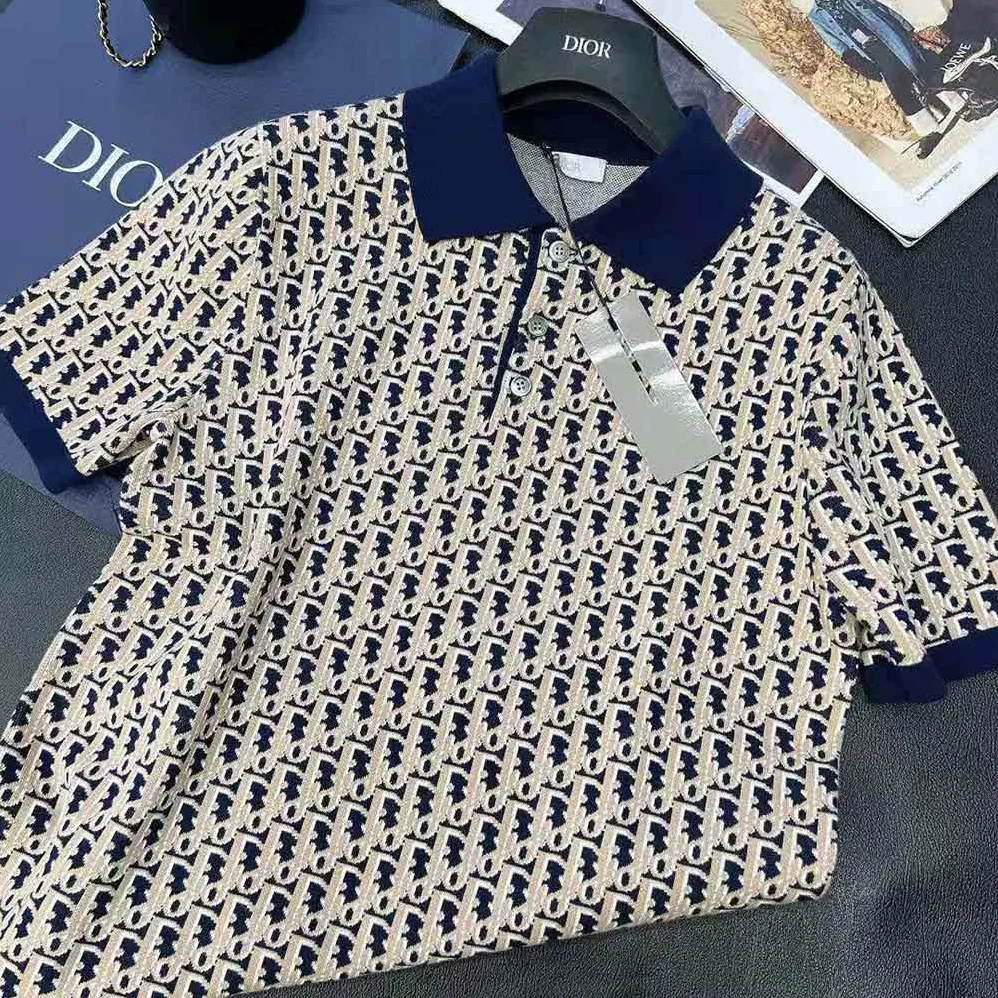 Dior Oblique Polo Shirt Blue Cotton Jacquard for Men