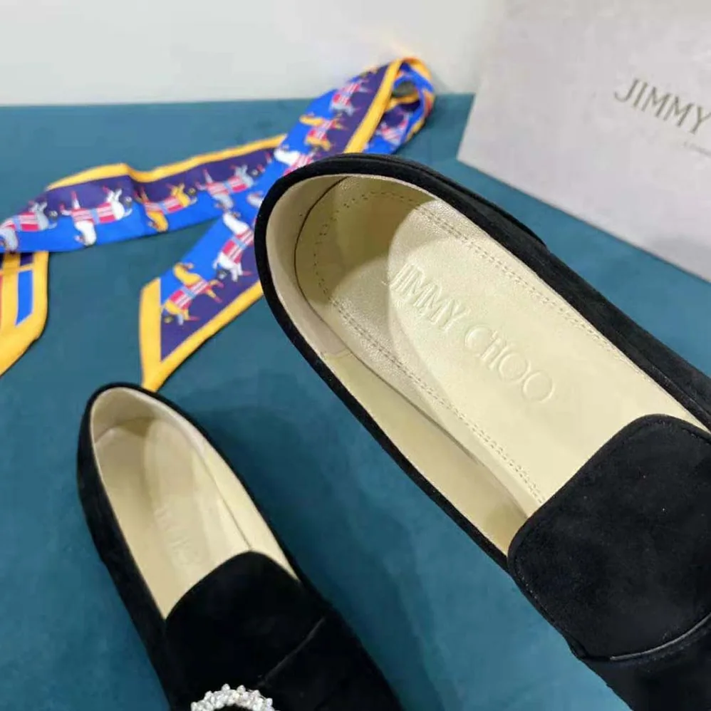 Jimmy Choo Mani Flat Black Suede Loafers with Crystal Buckle for Women
