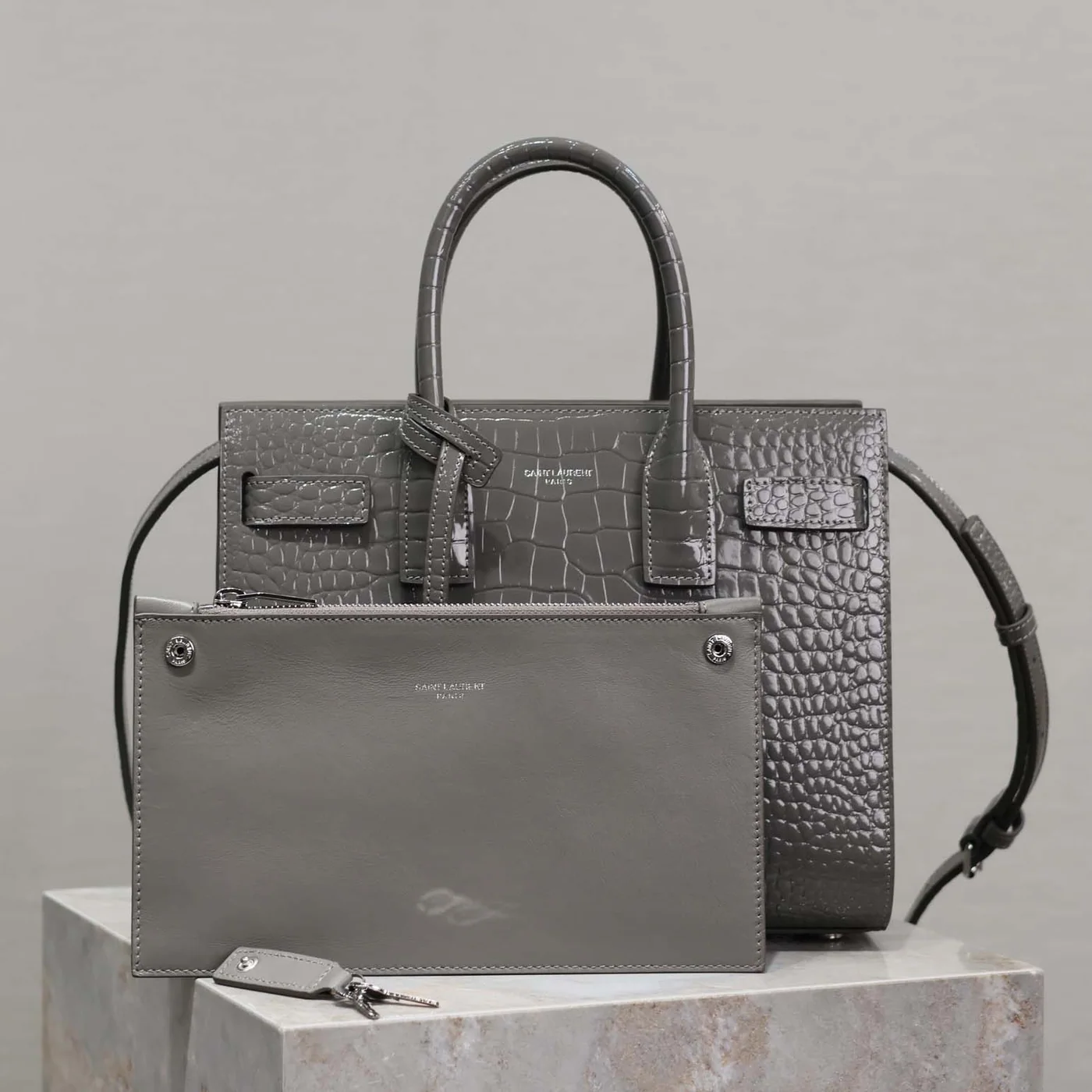 Saint Laurent YSL Sac De Jour in Embossed Crocodile Leather Baby for Women in Silver