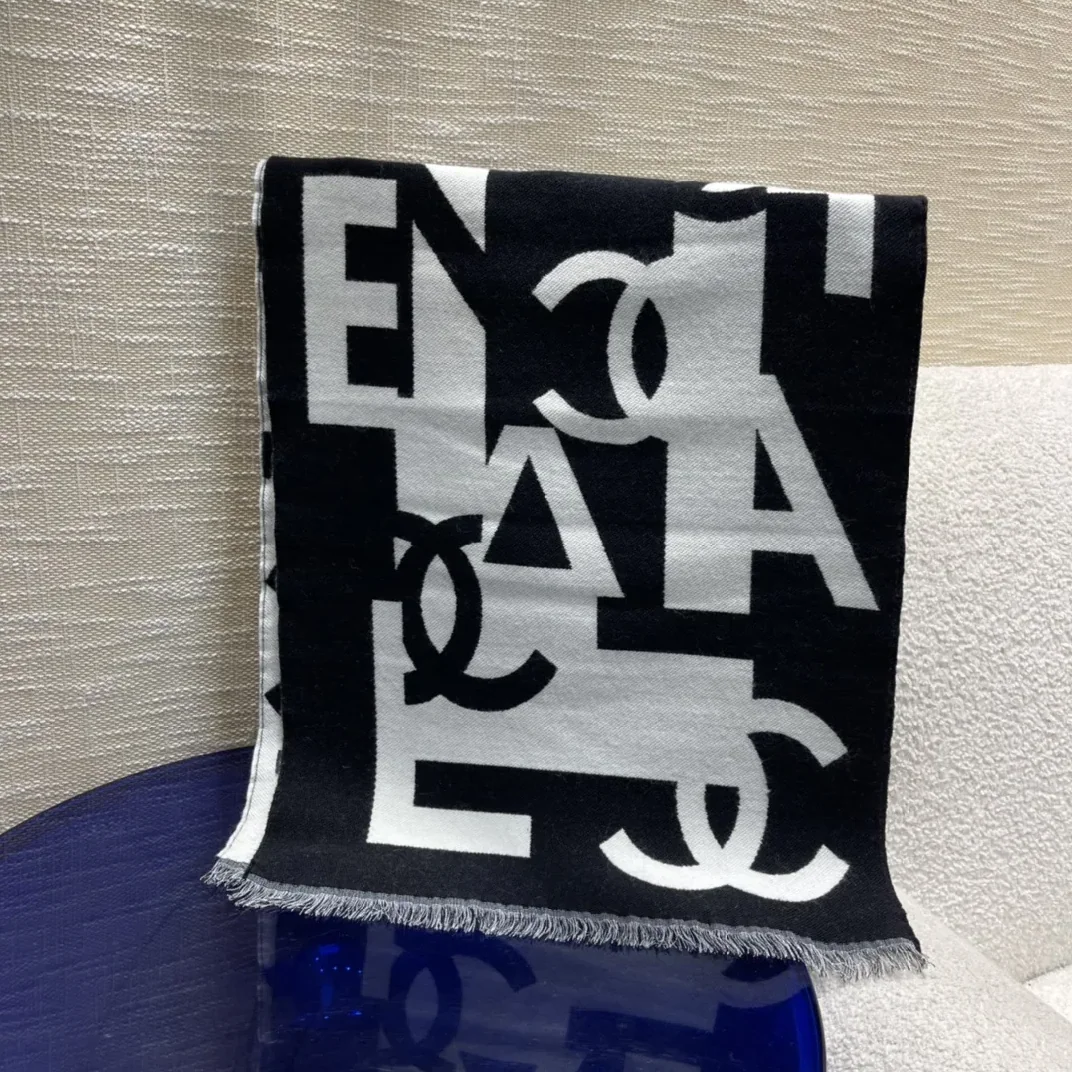 Chanel Double Dided Large Letter Scarf Black Chanel Double Dided Large Letter Scarf Black