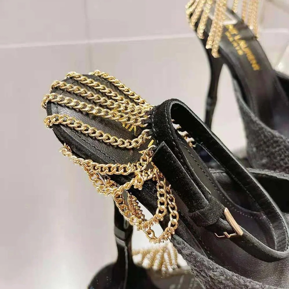 Saint Laurent YSL Sling Chain Pumps in Boucle Tweed for Women Saint Laurent YSL Sling Chain Pumps in Boucle Tweed for Women